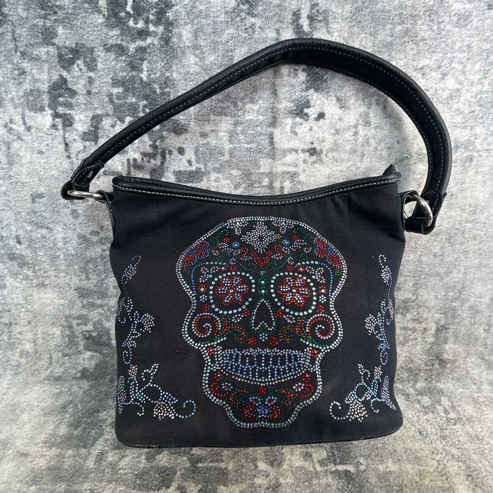 American Bling Day of the Dead Rhinestone Purse Black Canvas Calaveras Skull